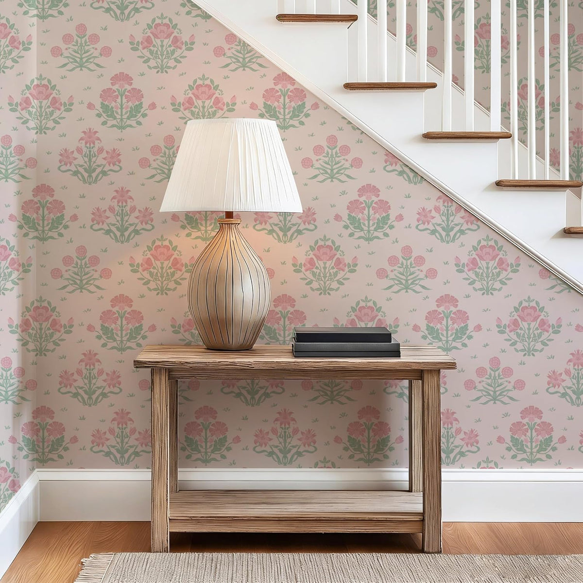 Pink Wallpaper Stick and Peel, Pink Floral Wallpaper Boho Girly Wall Paper Decorative Self Adhesive for Nursery Bedroom Bathroom 17.3" x 78.7"