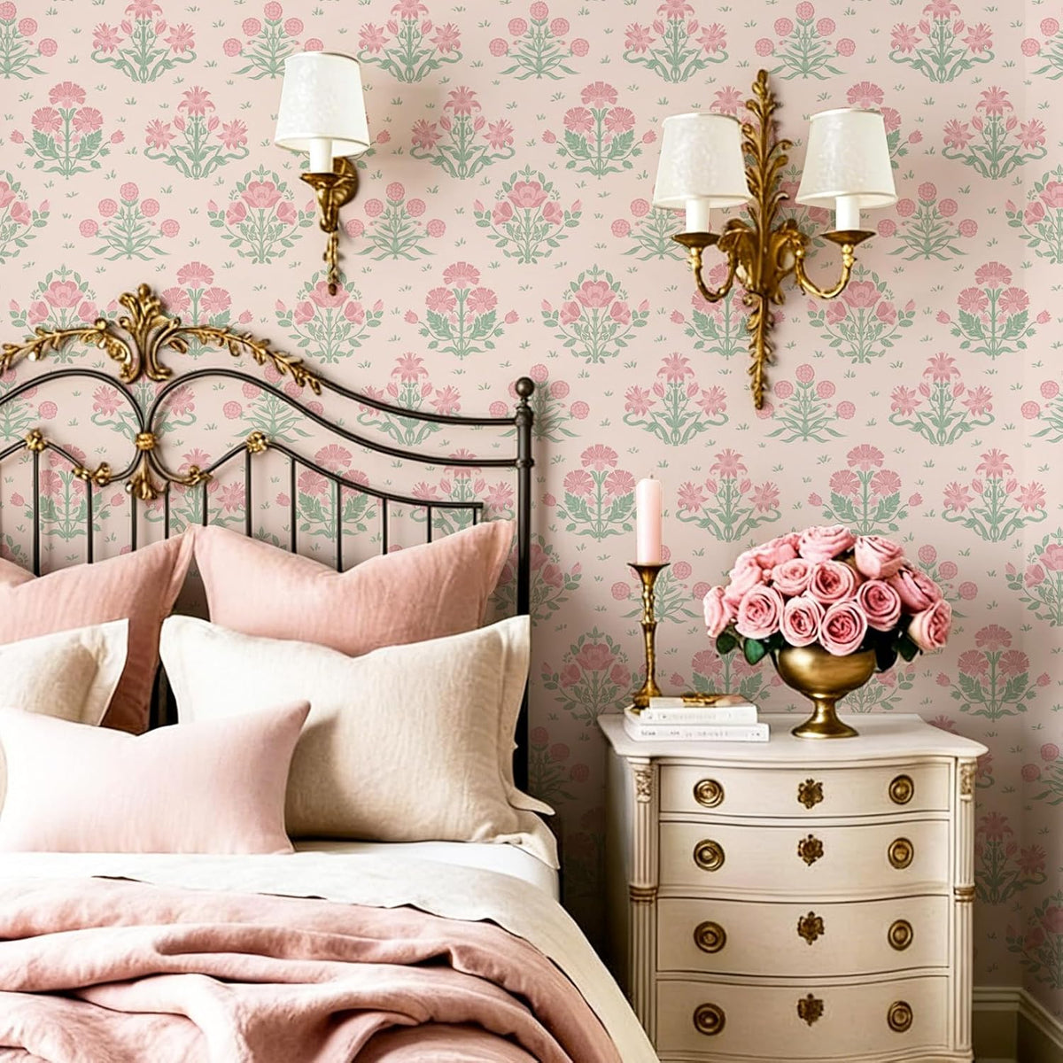 Pink Wallpaper Stick and Peel, Pink Floral Wallpaper Boho Girly Wall Paper Decorative Self Adhesive for Nursery Bedroom Bathroom 17.3" x 78.7"