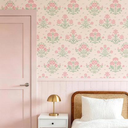 Pink Wallpaper Stick and Peel, Pink Floral Wallpaper Boho Girly Wall Paper Decorative Self Adhesive for Nursery Bedroom Bathroom 17.3" x 78.7"