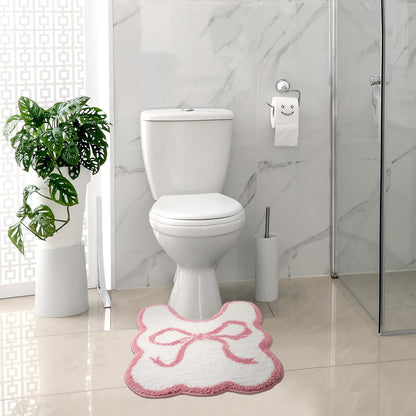 Pink Bow Bathroom Rug Bow Toilet Rugs 24 x 20 Inches U Shaped Luxury Scalloped Bathroom Decor Non Slip Cute Microfiber Soft Plush Bath Mat Coquette Stuff for Toilet Back to School Shower