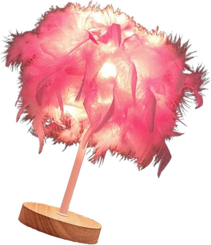 Feather Lamp, Modern Bedside Table Lamp with Pink Feathers, Rechargeable Night Light for Bedroom and Living Room
