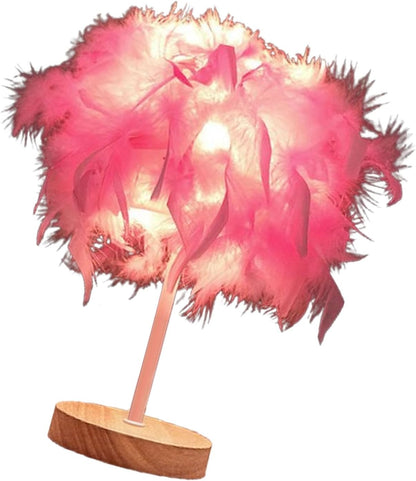 Feather Lamp, Modern Bedside Table Lamp with Pink Feathers, Rechargeable Night Light for Bedroom and Living Room