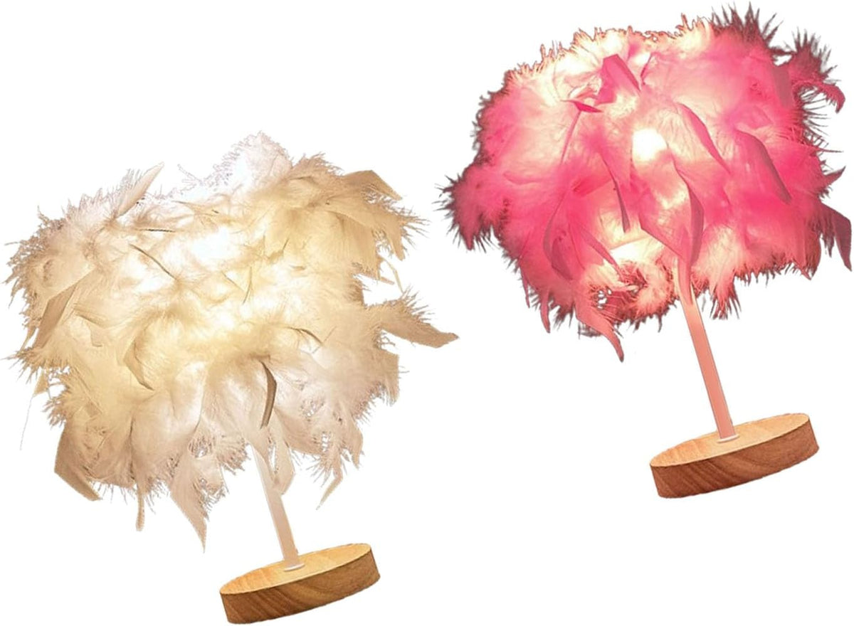 Feather Lamp, Modern Bedside Table Lamp with Pink Feathers, Rechargeable Night Light for Bedroom and Living Room