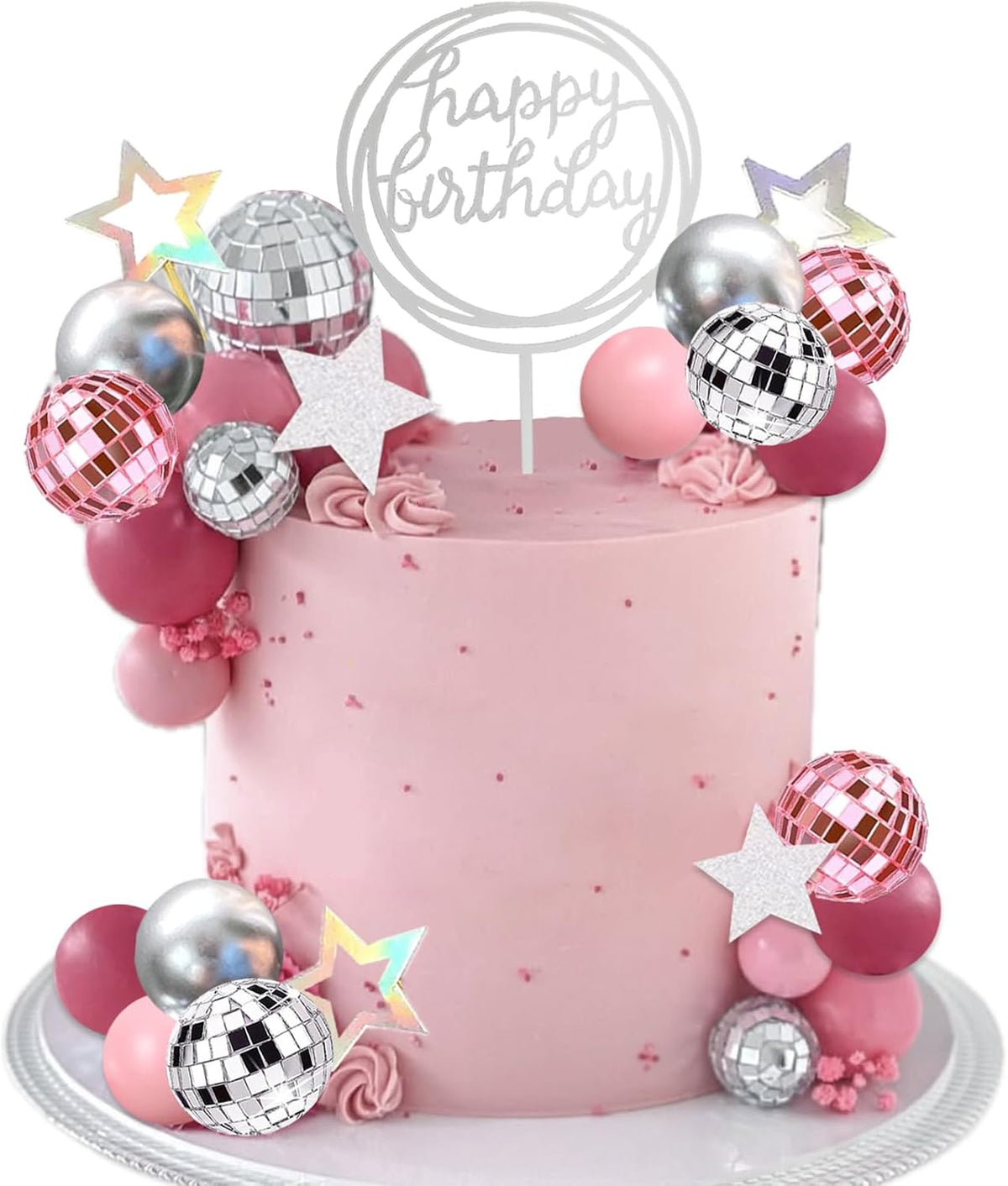 38Pcs Pink Silver Disco Ball Cake Decoration Pearl Balls Cake Topper Stars Disco Balls Happy Birthday Cake Topper for 70s 80s 90s Music Dance Girl Theme Wedding Birthday Baby Shower Party Supplies