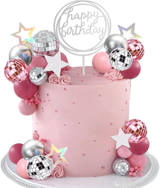 38Pcs Pink Silver Disco Ball Cake Decoration Pearl Balls Cake Topper Stars Disco Balls Happy Birthday Cake Topper for 70s 80s 90s Music Dance Girl Theme Wedding Birthday Baby Shower Party Supplies