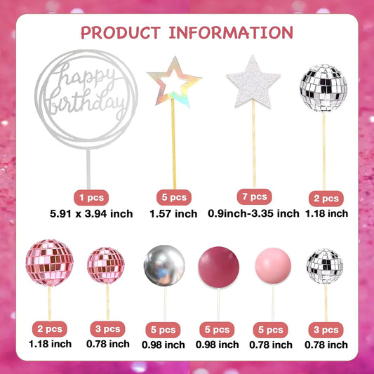 38Pcs Pink Silver Disco Ball Cake Decoration Pearl Balls Cake Topper Stars Disco Balls Happy Birthday Cake Topper for 70s 80s 90s Music Dance Girl Theme Wedding Birthday Baby Shower Party Supplies