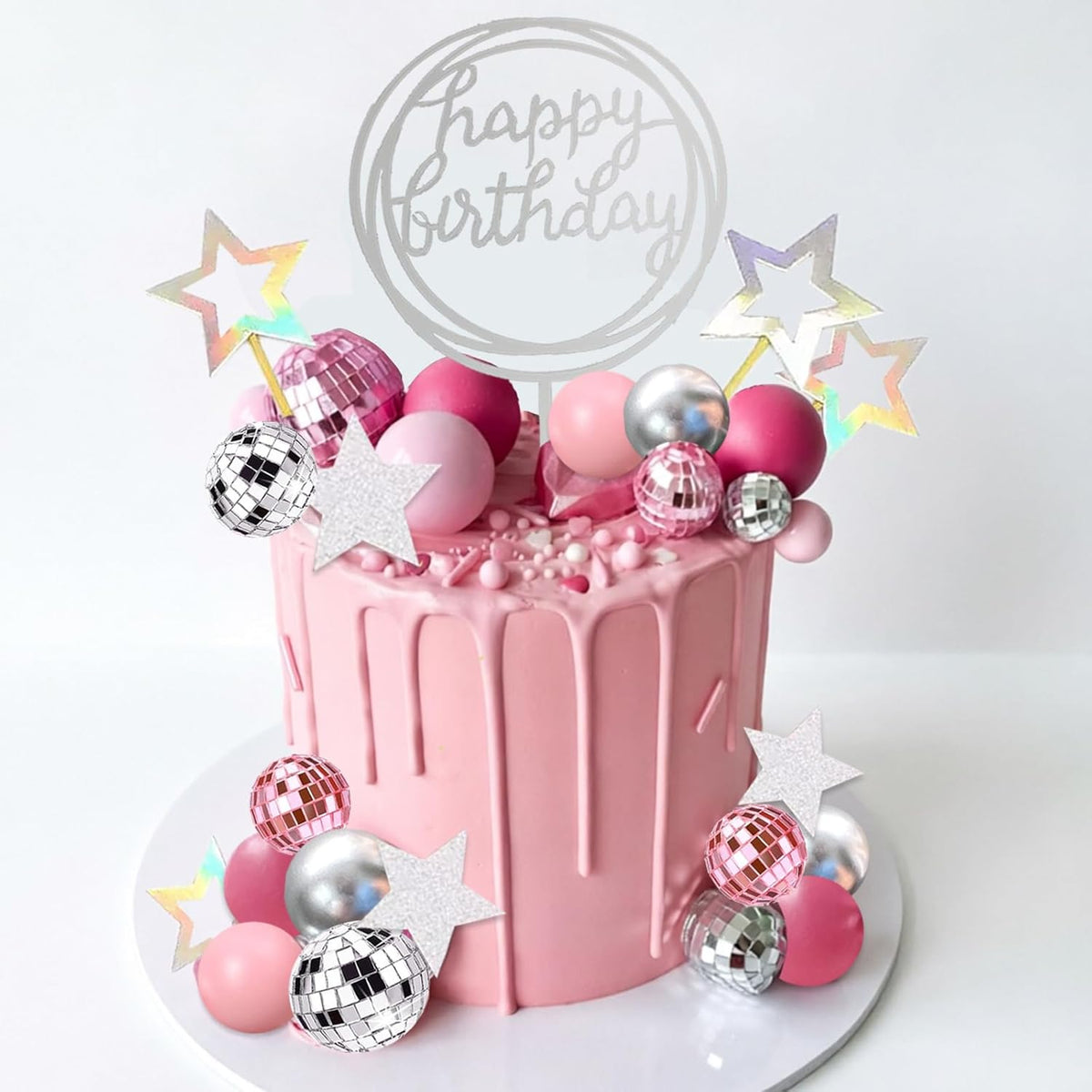 38Pcs Pink Silver Disco Ball Cake Decoration Pearl Balls Cake Topper Stars Disco Balls Happy Birthday Cake Topper for 70s 80s 90s Music Dance Girl Theme Wedding Birthday Baby Shower Party Supplies