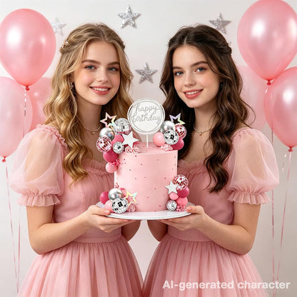 38Pcs Pink Silver Disco Ball Cake Decoration Pearl Balls Cake Topper Stars Disco Balls Happy Birthday Cake Topper for 70s 80s 90s Music Dance Girl Theme Wedding Birthday Baby Shower Party Supplies