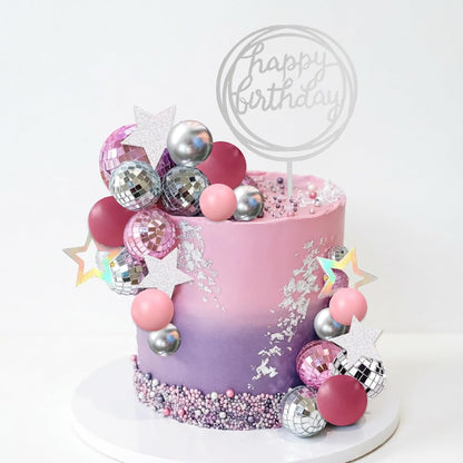 38Pcs Pink Silver Disco Ball Cake Decoration Pearl Balls Cake Topper Stars Disco Balls Happy Birthday Cake Topper for 70s 80s 90s Music Dance Girl Theme Wedding Birthday Baby Shower Party Supplies