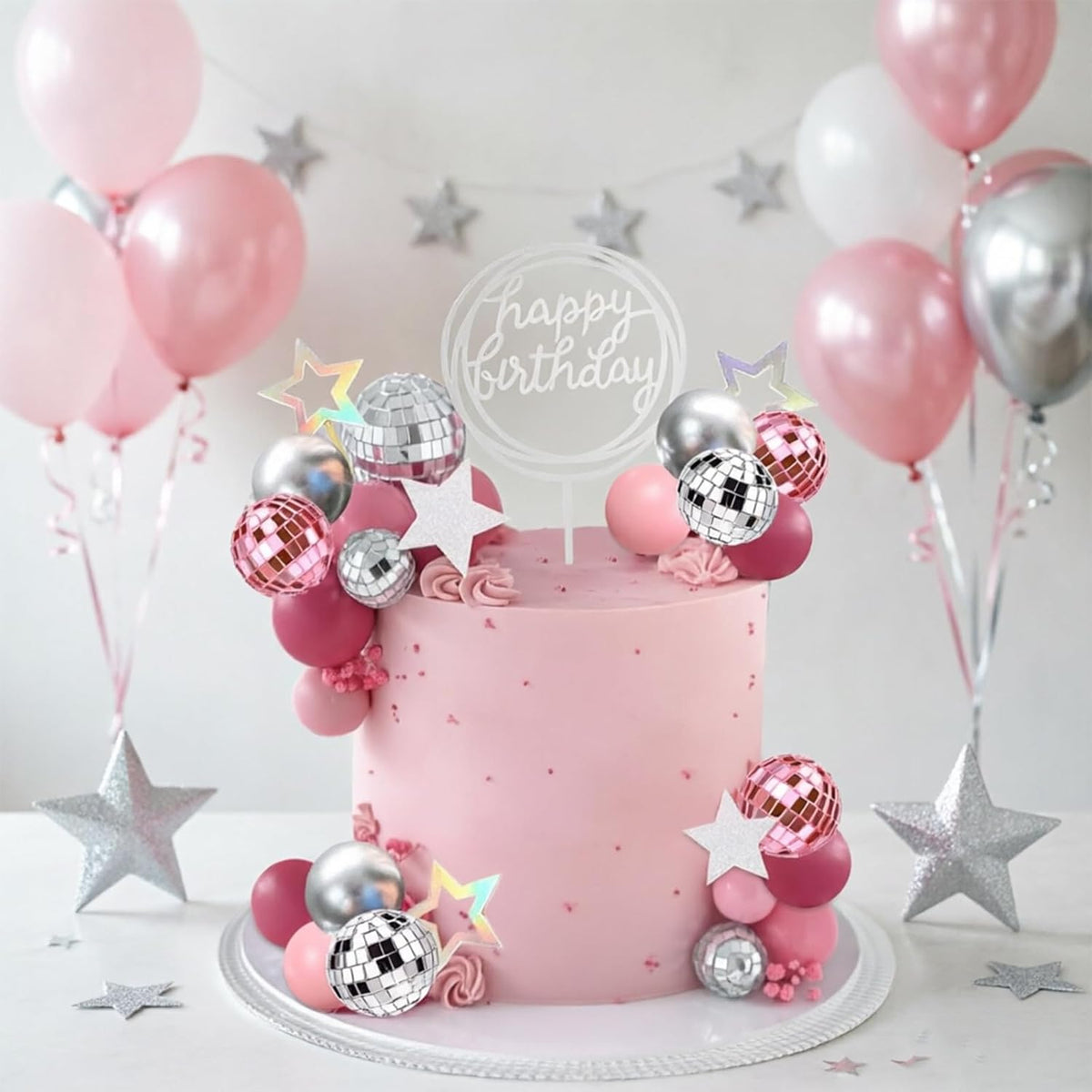 38Pcs Pink Silver Disco Ball Cake Decoration Pearl Balls Cake Topper Stars Disco Balls Happy Birthday Cake Topper for 70s 80s 90s Music Dance Girl Theme Wedding Birthday Baby Shower Party Supplies
