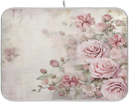 Flower Dish Mat for Kitchen Counter, Vintage Pink Rose Drying Pad Absorbent Dishes Drainer Mats Trivet 18 x 24 Inch