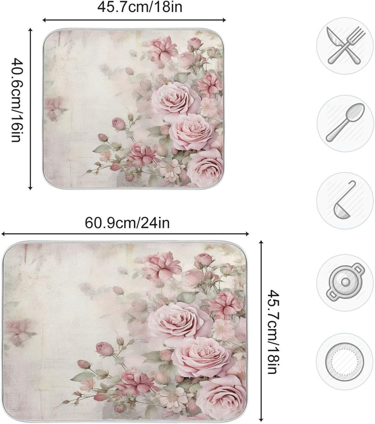 Flower Dish Mat for Kitchen Counter, Vintage Pink Rose Drying Pad Absorbent Dishes Drainer Mats Trivet 18 x 24 Inch