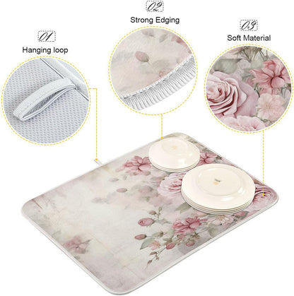 Flower Dish Mat for Kitchen Counter, Vintage Pink Rose Drying Pad Absorbent Dishes Drainer Mats Trivet 18 x 24 Inch