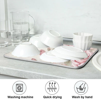 Flower Dish Mat for Kitchen Counter, Vintage Pink Rose Drying Pad Absorbent Dishes Drainer Mats Trivet 18 x 24 Inch