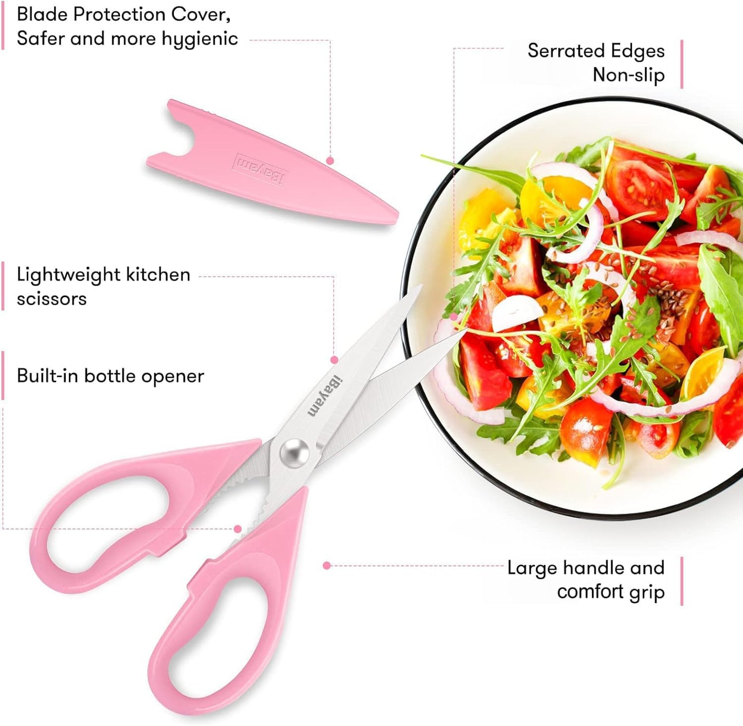 iBayam Pink Kitchen Scissors All Purpose Heavy Duty & Comfort Grip & Cover | Dishwasher Safe, 8.7" Stainless Steel Sharp Scissors Food Poultry, 2-Pack Pink Kitchen Utensils Gadgets for Cooking & Baking
