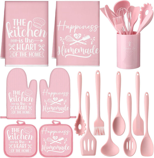 Pink Kitchen Accessories,15 Pack, Farmhouse Towels Pot Holders Oven Mitts & Heat Resistant Utensils Tools, Non-Scratch Silicone Spatula Set for Baking Cooking (Happy Kitchen)