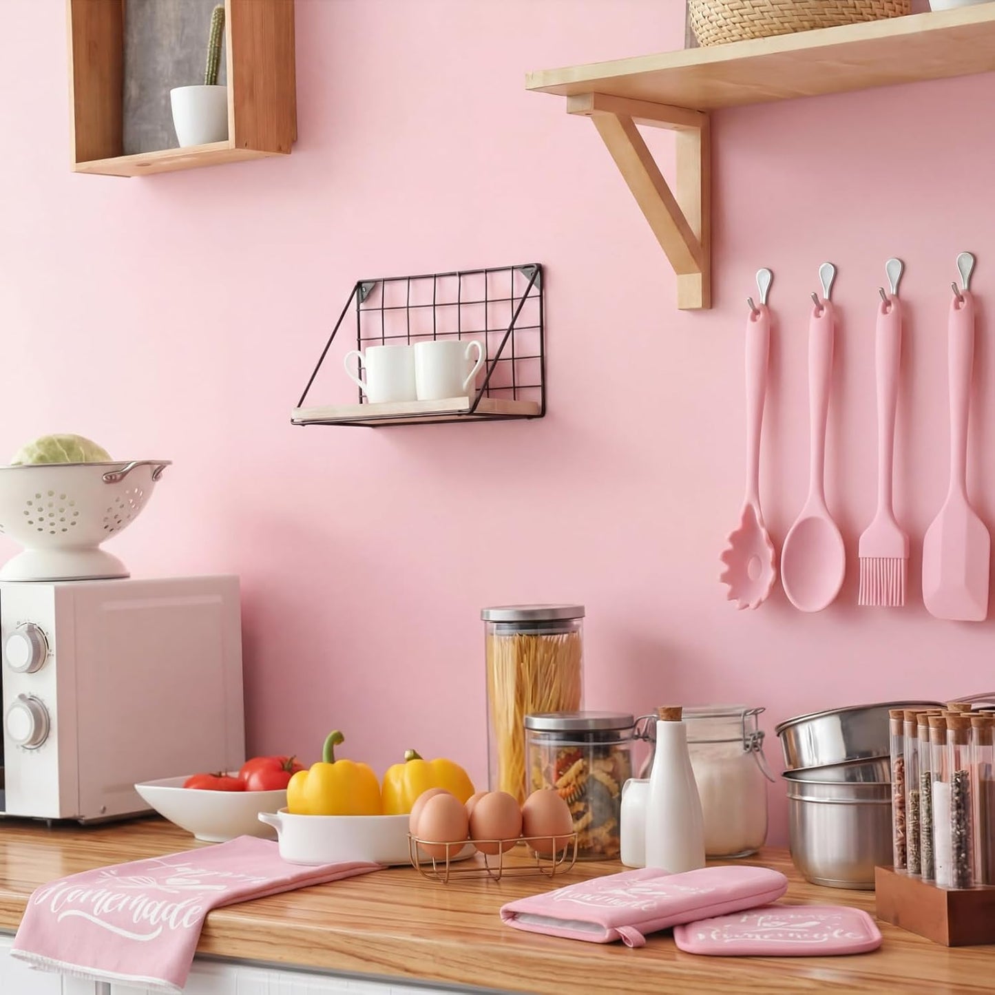 Pink Kitchen Accessories,15 Pack, Farmhouse Towels Pot Holders Oven Mitts & Heat Resistant Utensils Tools, Non-Scratch Silicone Spatula Set for Baking Cooking (Happy Kitchen)