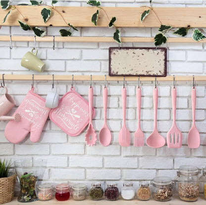 Pink Kitchen Accessories,15 Pack, Farmhouse Towels Pot Holders Oven Mitts & Heat Resistant Utensils Tools, Non-Scratch Silicone Spatula Set for Baking Cooking (Happy Kitchen)
