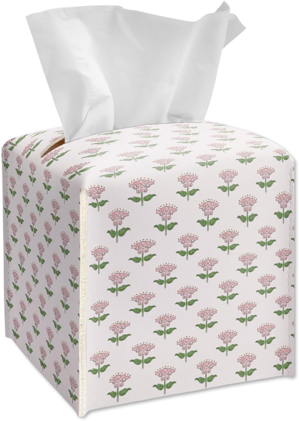 Pink Flowers Tissue Box Cover Square, Leather Tissue Box Holder with Bottom Belt, Facial Paper Organizer for Bathroom Vanity Countertop, Nightstands, Dining Table, Office, Car -26