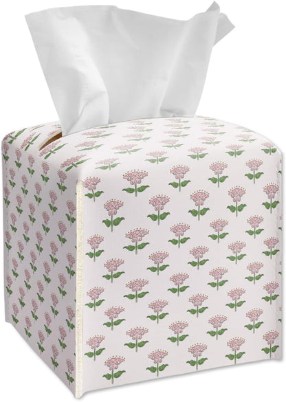 Pink Flowers Tissue Box Cover Square, Leather Tissue Box Holder with Bottom Belt, Facial Paper Organizer for Bathroom Vanity Countertop, Nightstands, Dining Table, Office, Car -26