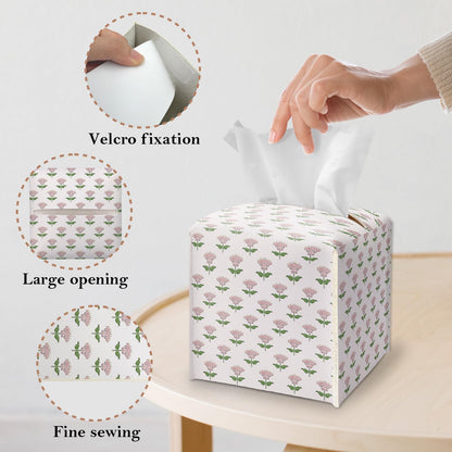 Pink Flowers Tissue Box Cover Square, Leather Tissue Box Holder with Bottom Belt, Facial Paper Organizer for Bathroom Vanity Countertop, Nightstands, Dining Table, Office, Car -26
