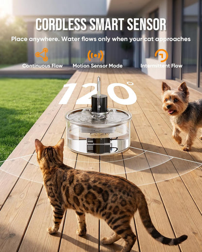 Wireless Cat Water Fountain Glass DIY - 108oz/3.2L Automatic Ultra-Quiet Cat Water Fountain Cordless, Glass Battery Operated Pet Fountain Rechargeable Water Dispenser for Cats, Puppy, Multiple Pets