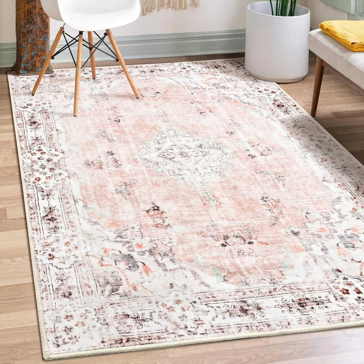 Pink Rug 3x5 Washable,Boho Area Rugs Small Non Slip Low-Pile Floral