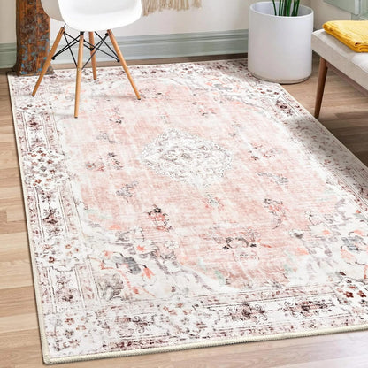 Pink Rug 3x5 Washable,Boho Area Rugs Small Non Slip Low-Pile Floral
