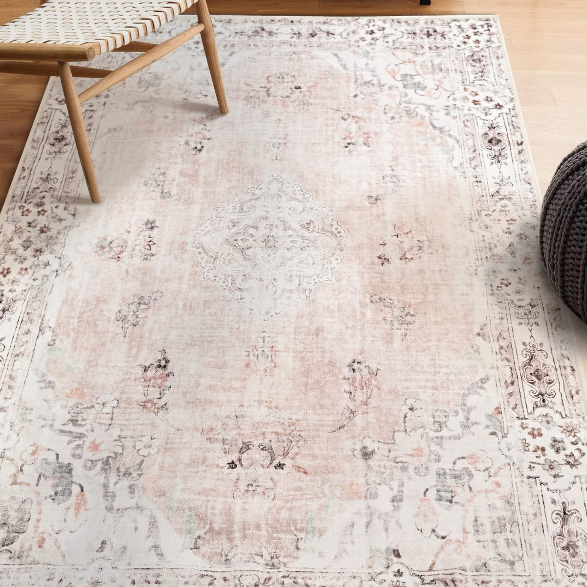 Pink Rug 3x5 Washable,Boho Area Rugs Small Non Slip Low-Pile Floral