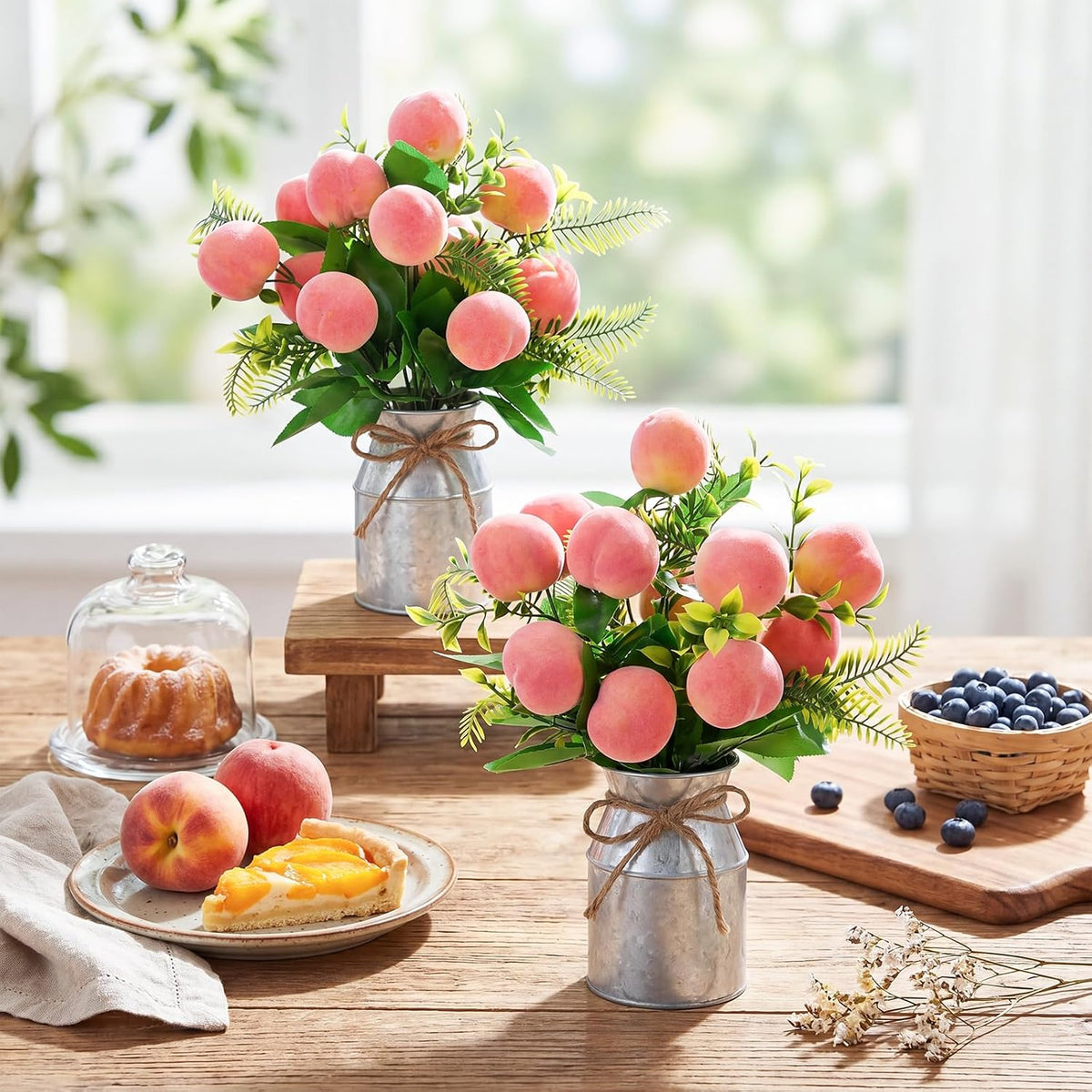 2 Sets Artificial Peach Branches with Flower Vases 16.14'' Realistic Artificial Peach Fruits Bouquet with Green Leaves Fruit Flower Arrangement for Home Baby Shower Party Farmhouse Table Decor