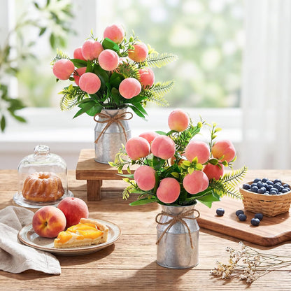 2 Sets Artificial Peach Branches with Flower Vases 16.14'' Realistic Artificial Peach Fruits Bouquet with Green Leaves Fruit Flower Arrangement for Home Baby Shower Party Farmhouse Table Decor