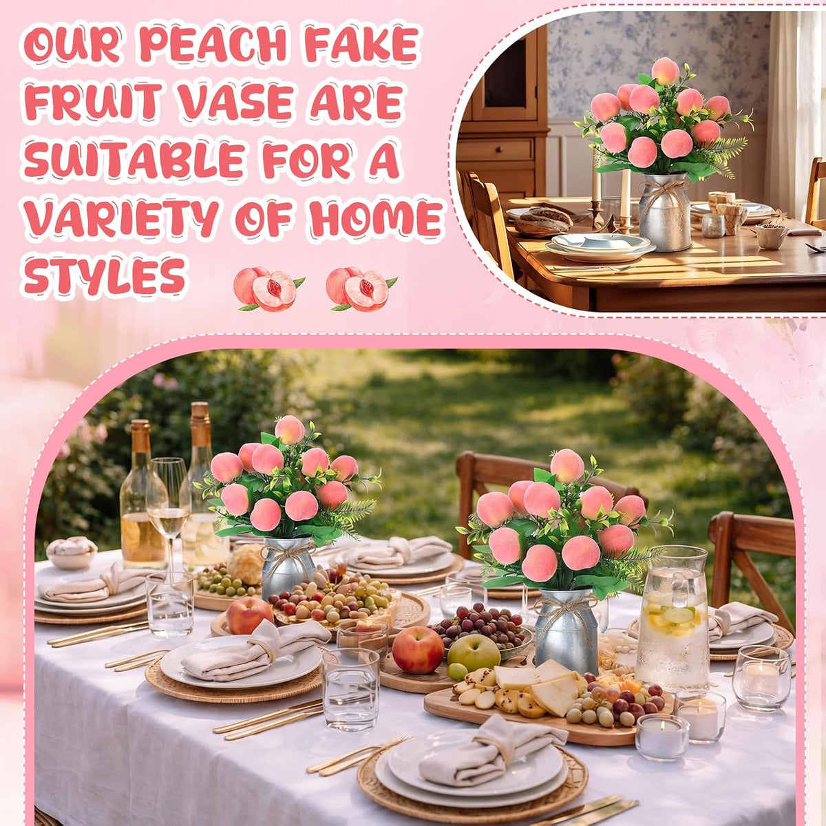 2 Sets Artificial Peach Branches with Flower Vases 16.14'' Realistic Artificial Peach Fruits Bouquet with Green Leaves Fruit Flower Arrangement for Home Baby Shower Party Farmhouse Table Decor