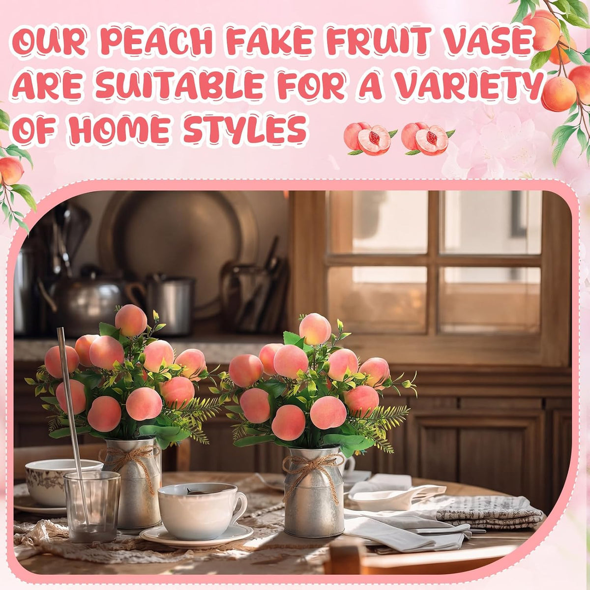 2 Sets Artificial Peach Branches with Flower Vases 16.14'' Realistic Artificial Peach Fruits Bouquet with Green Leaves Fruit Flower Arrangement for Home Baby Shower Party Farmhouse Table Decor