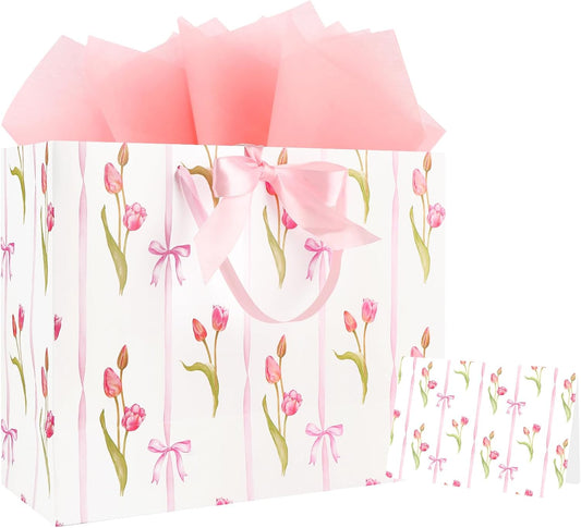 ASYEHNR 13" Large Size Pink Floral Gift Bag Tulip and Bows Pattern Gift Bag with Greeting Card Tissue Paper for Girls Women Birthday Baby Shower Wedding Mother's Day Valentine's Day Supplies