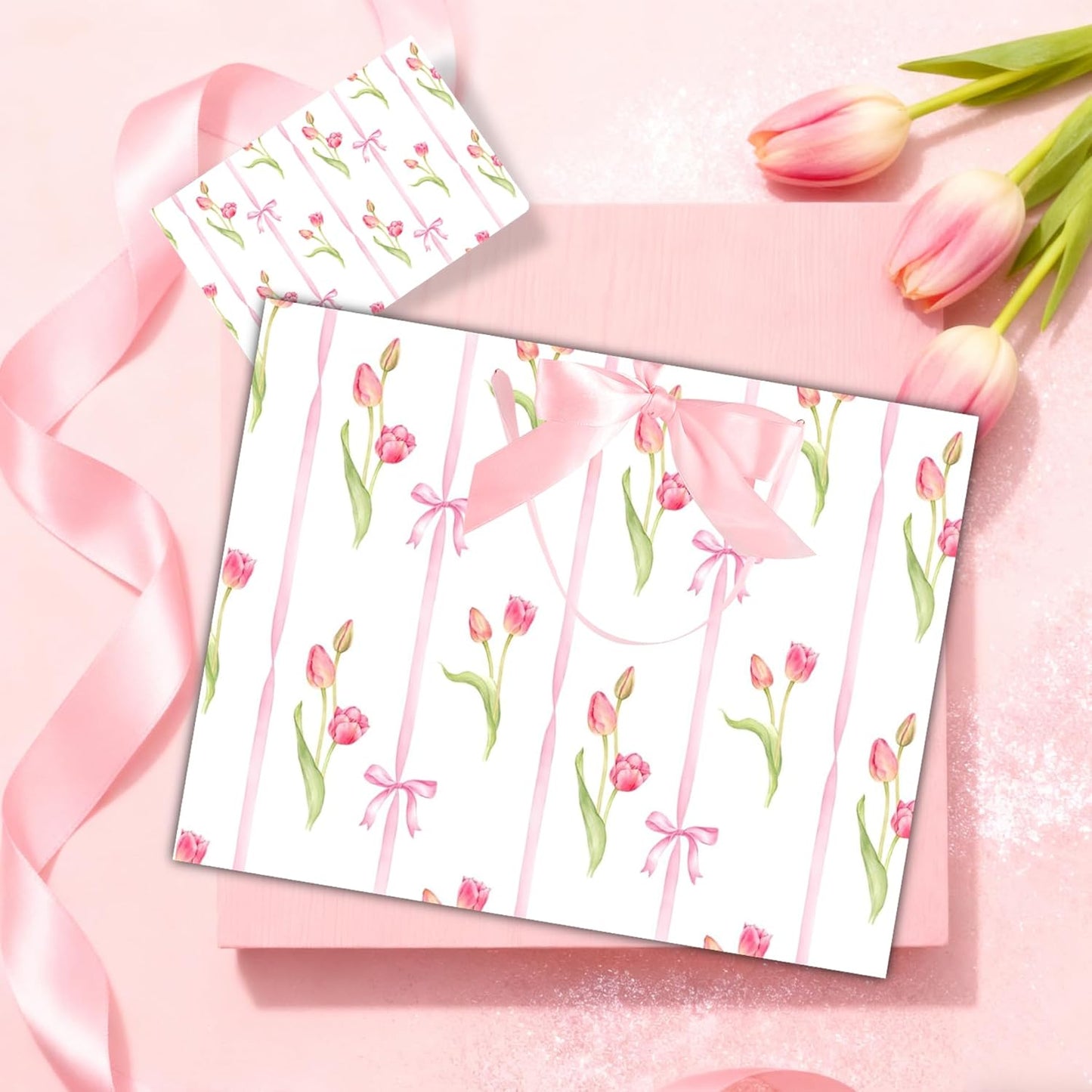 ASYEHNR 13" Large Size Pink Floral Gift Bag Tulip and Bows Pattern Gift Bag with Greeting Card Tissue Paper for Girls Women Birthday Baby Shower Wedding Mother's Day Valentine's Day Supplies