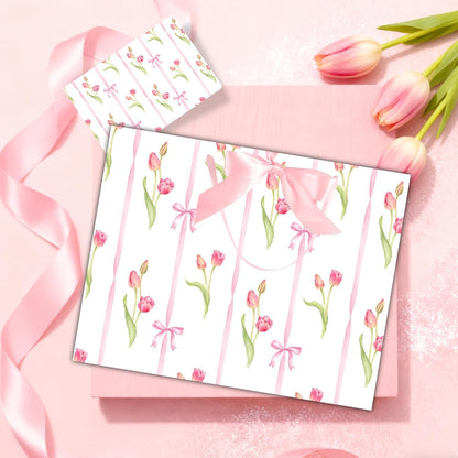 ASYEHNR 13" Large Size Pink Floral Gift Bag Tulip and Bows Pattern Gift Bag with Greeting Card Tissue Paper for Girls Women Birthday Baby Shower Wedding Mother's Day Valentine's Day Supplies