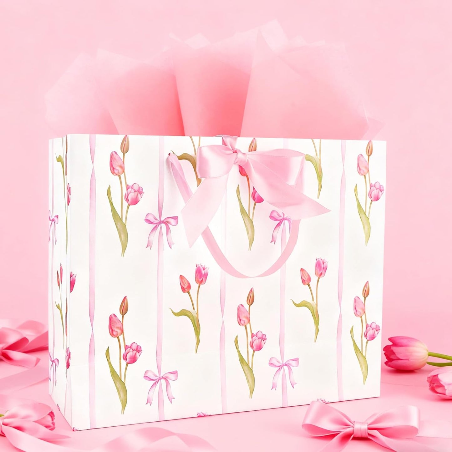 ASYEHNR 13" Large Size Pink Floral Gift Bag Tulip and Bows Pattern Gift Bag with Greeting Card Tissue Paper for Girls Women Birthday Baby Shower Wedding Mother's Day Valentine's Day Supplies