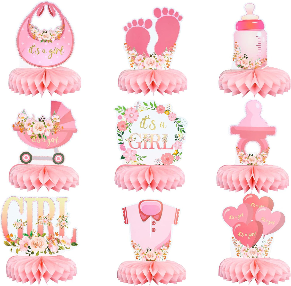 9Pcs Pink Baby Shower Decorations Honeycomb Centerpieces for Girls Floral It's a Girl Gender Reveal Table Centerpiece Party Supplies Baby Girl Pregnancy Announcement Table Topper