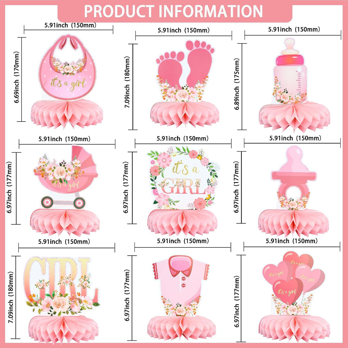9Pcs Pink Baby Shower Decorations Honeycomb Centerpieces for Girls Floral It's a Girl Gender Reveal Table Centerpiece Party Supplies Baby Girl Pregnancy Announcement Table Topper
