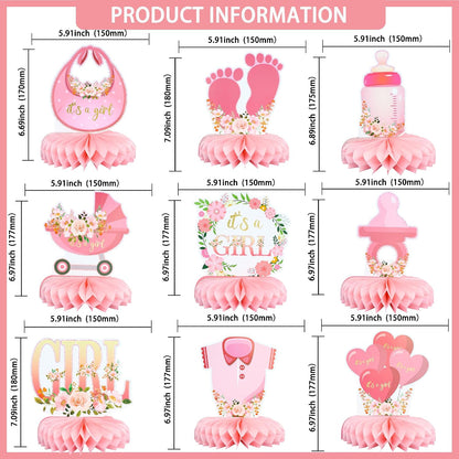 9Pcs Pink Baby Shower Decorations Honeycomb Centerpieces for Girls Floral It's a Girl Gender Reveal Table Centerpiece Party Supplies Baby Girl Pregnancy Announcement Table Topper