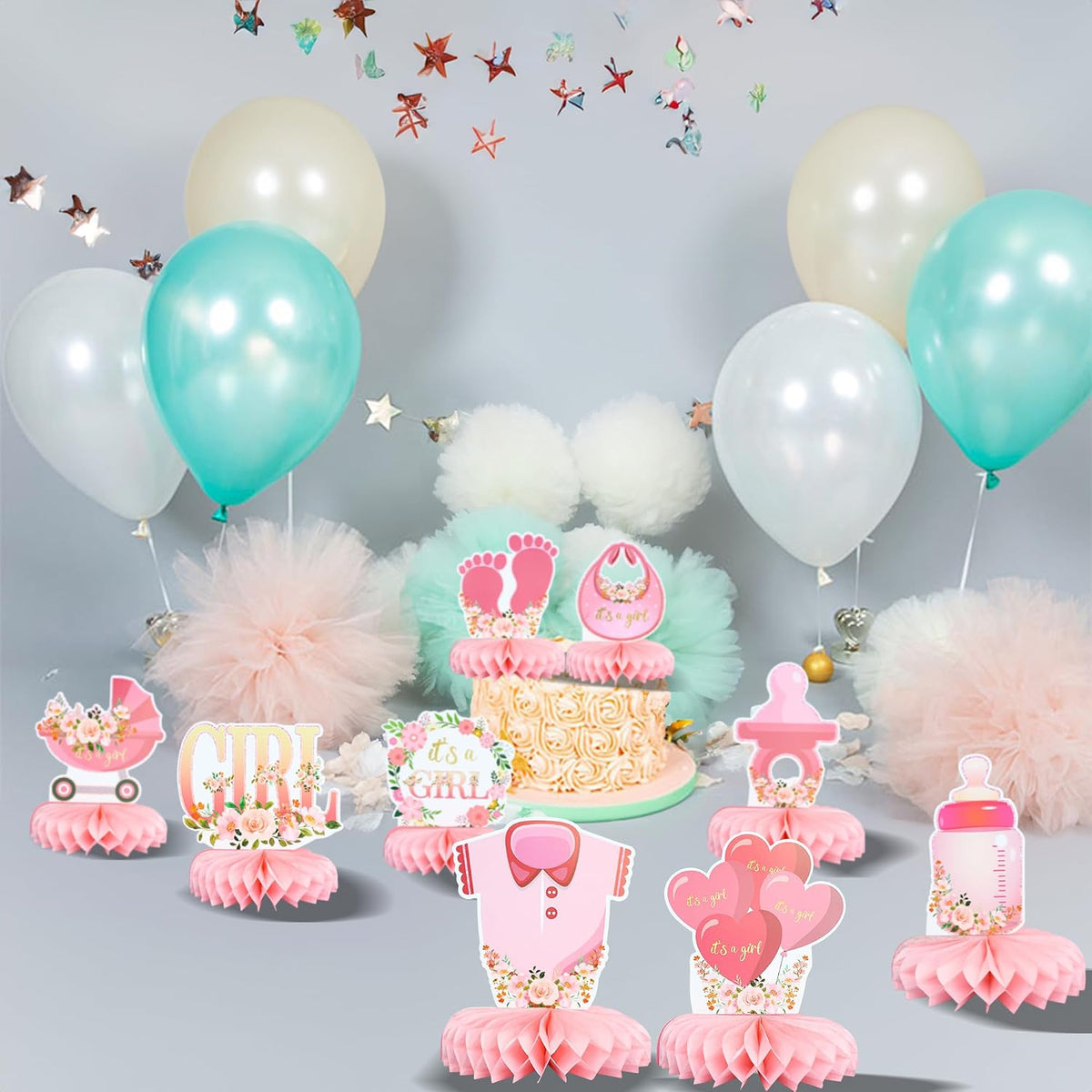9Pcs Pink Baby Shower Decorations Honeycomb Centerpieces for Girls Floral It's a Girl Gender Reveal Table Centerpiece Party Supplies Baby Girl Pregnancy Announcement Table Topper
