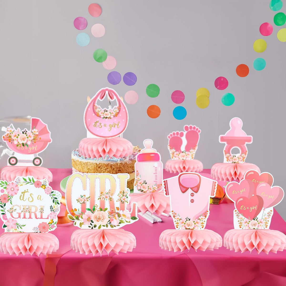 9Pcs Pink Baby Shower Decorations Honeycomb Centerpieces for Girls Floral It's a Girl Gender Reveal Table Centerpiece Party Supplies Baby Girl Pregnancy Announcement Table Topper