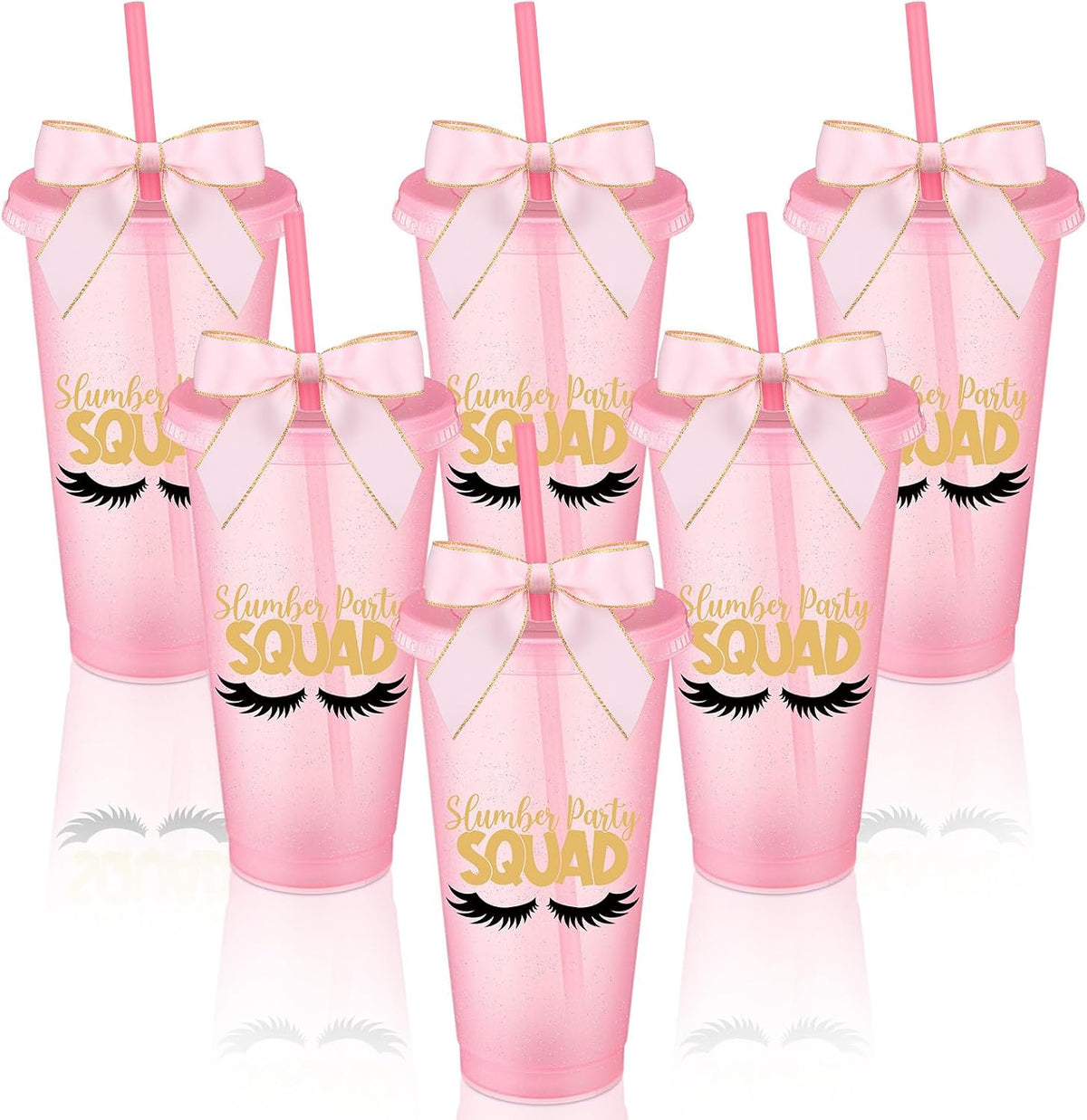 6 Pcs Pink Sleepover Party Supplies for Girls Slumber Sleepover Squad Cups with Lid Straw and Twist Bow 24 oz Slumber Plastic Tumblers for Spa Pajama Birthday Party Favors Supplies