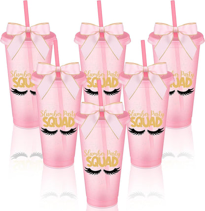 6 Pcs Pink Sleepover Party Supplies for Girls Slumber Sleepover Squad Cups with Lid Straw and Twist Bow 24 oz Slumber Plastic Tumblers for Spa Pajama Birthday Party Favors Supplies
