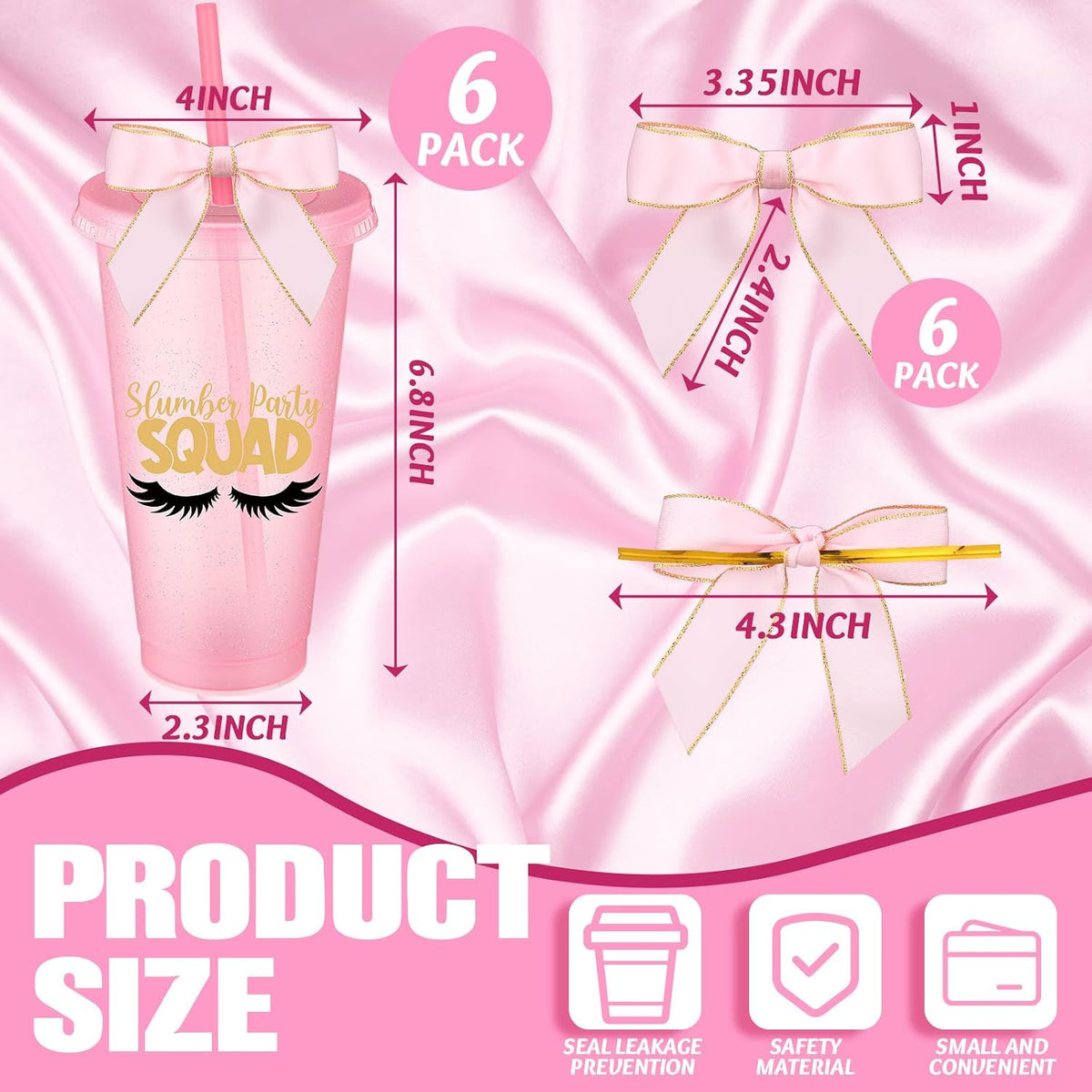 6 Pcs Pink Sleepover Party Supplies for Girls Slumber Sleepover Squad Cups with Lid Straw and Twist Bow 24 oz Slumber Plastic Tumblers for Spa Pajama Birthday Party Favors Supplies