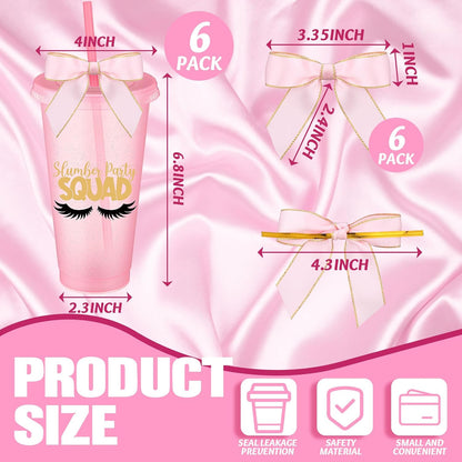 6 Pcs Pink Sleepover Party Supplies for Girls Slumber Sleepover Squad Cups with Lid Straw and Twist Bow 24 oz Slumber Plastic Tumblers for Spa Pajama Birthday Party Favors Supplies