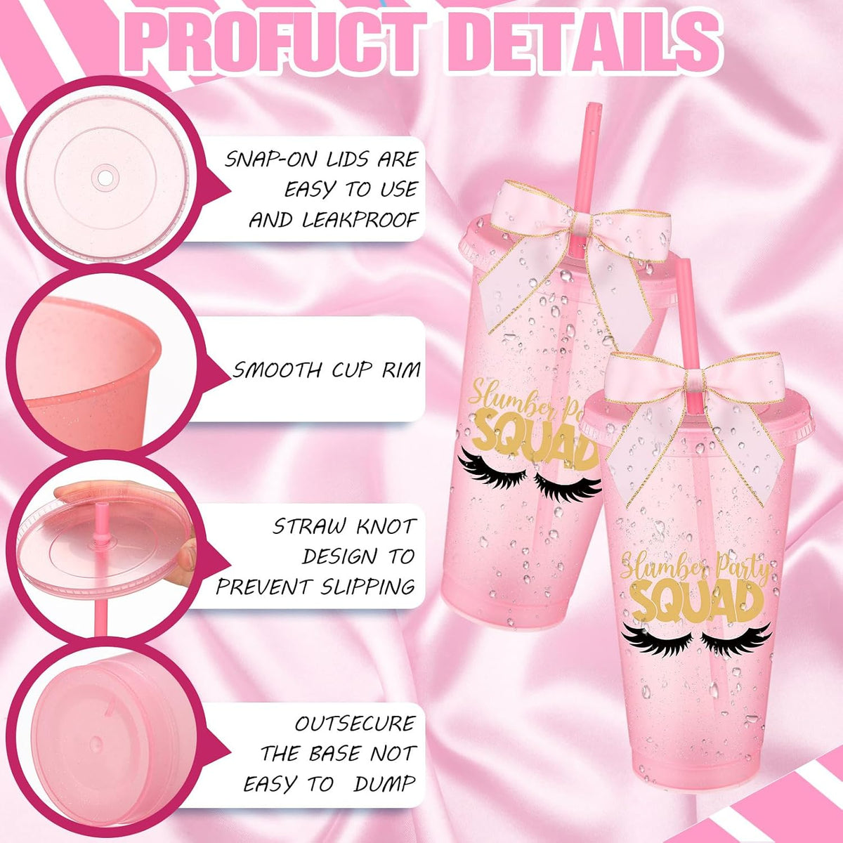 6 Pcs Pink Sleepover Party Supplies for Girls Slumber Sleepover Squad Cups with Lid Straw and Twist Bow 24 oz Slumber Plastic Tumblers for Spa Pajama Birthday Party Favors Supplies