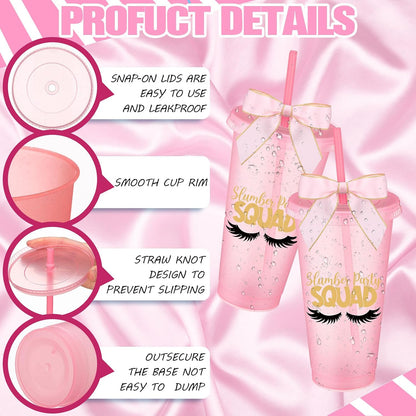 6 Pcs Pink Sleepover Party Supplies for Girls Slumber Sleepover Squad Cups with Lid Straw and Twist Bow 24 oz Slumber Plastic Tumblers for Spa Pajama Birthday Party Favors Supplies