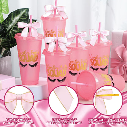 6 Pcs Pink Sleepover Party Supplies for Girls Slumber Sleepover Squad Cups with Lid Straw and Twist Bow 24 oz Slumber Plastic Tumblers for Spa Pajama Birthday Party Favors Supplies