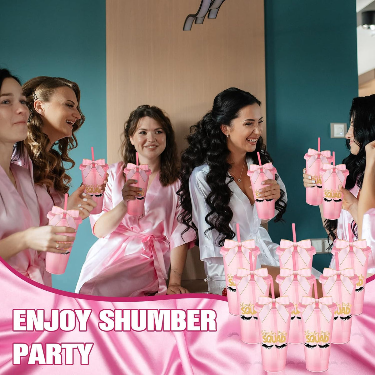 6 Pcs Pink Sleepover Party Supplies for Girls Slumber Sleepover Squad Cups with Lid Straw and Twist Bow 24 oz Slumber Plastic Tumblers for Spa Pajama Birthday Party Favors Supplies